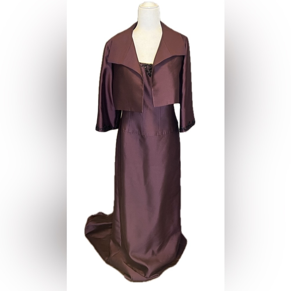 Rickie Freeman Teri Jon Beaded Silk Burgundy Wine Full Length Evening Dress 12 - Picture 2 of 15